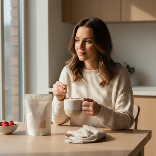 Escena de desayuno con una mujer mezclando colageno en una bebida caliente, para ilustrar si vale la pena tomar colageno.