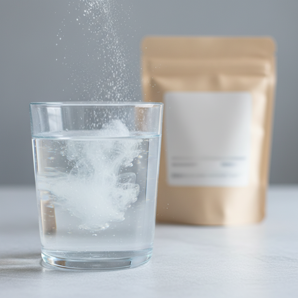 Colageno en polvo disolviendose en un vaso de agua, para ilustrar como funciona el colageno hidrolizado.