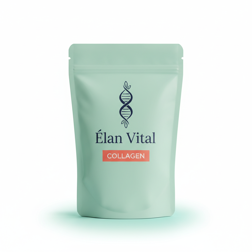 Bolsa Élan Vital Collagen en fondo blanco con resplandor aqua suave.