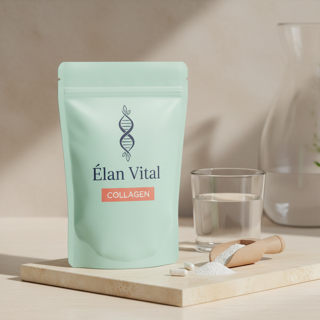 Bolsa Élan Vital Collagen junto a un vaso de agua y una cuchara con colágeno en polvo.