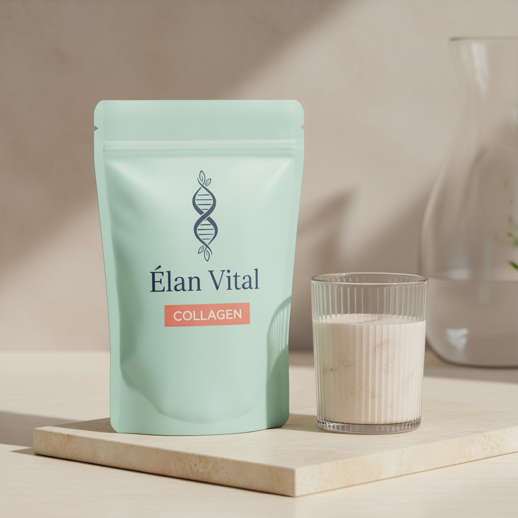 Bolsa Élan Vital Collagen junto a una bebida cremosa en vaso acanalado.